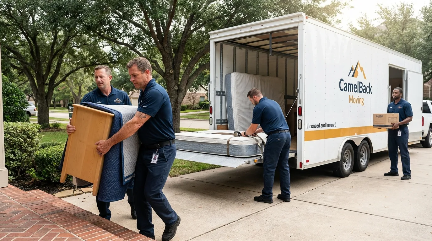 Crew loading residential truck for cross-state move from Saint Helen, MI