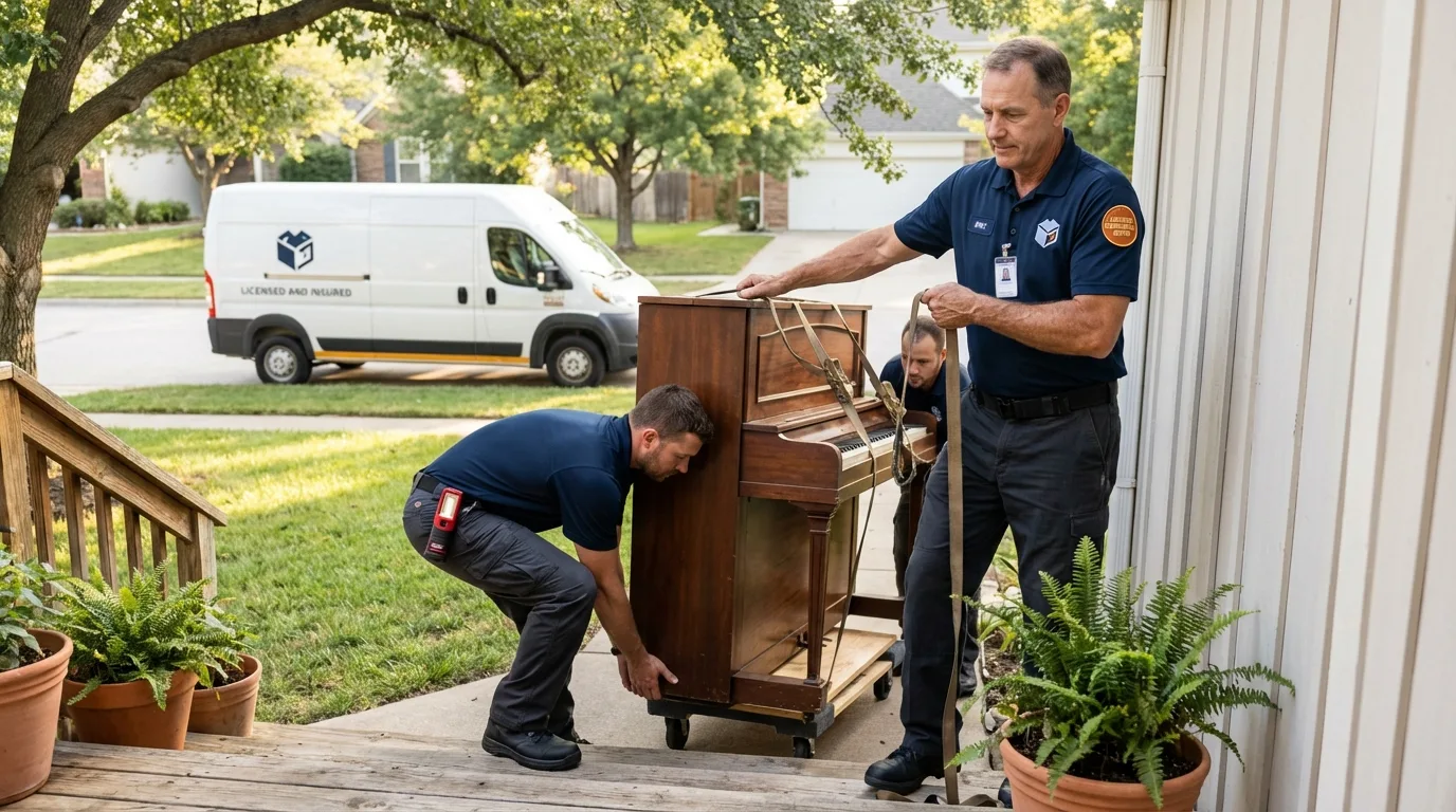 Licensed piano movers securing grand piano in Saint Helen, MI