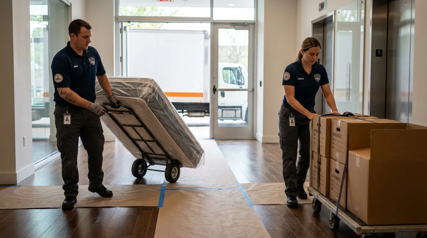 Professional apartment movers loading elevator in Saint Helen, MI